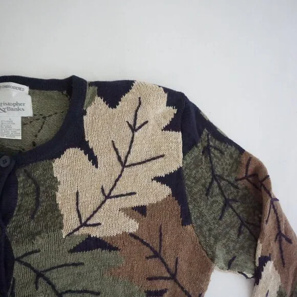 Vintage Christopher Banks Taupe Leaf Botanical Pattern Button Knit Cardigan L - Picture 6 of 10